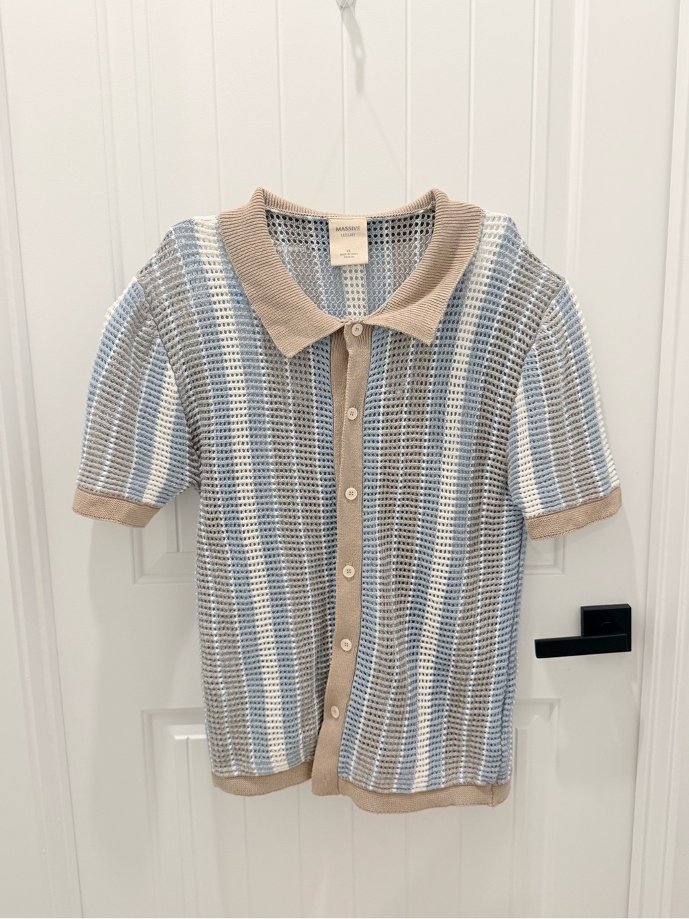 Massimo Dutti Beige and Light Blue Striped Mesh Polo